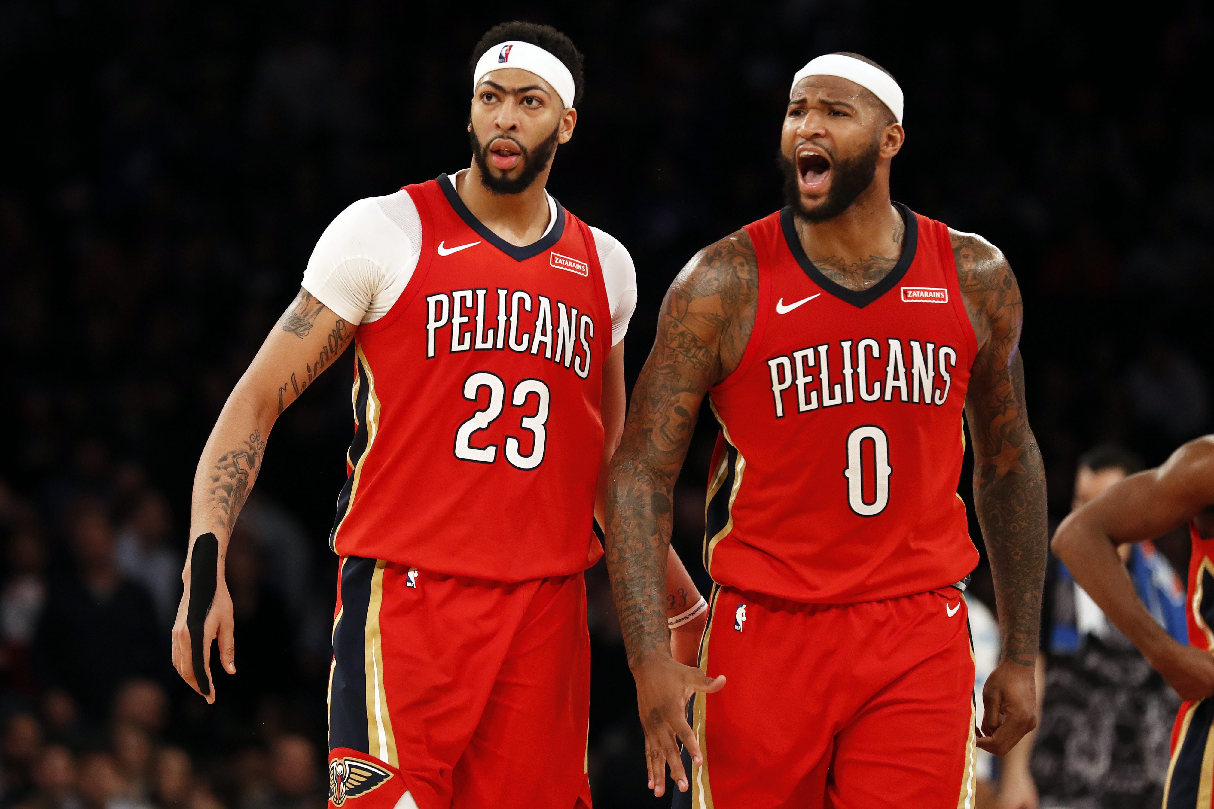 Jan 14, 2018; New York, NY, USA; New Orleans Pelicans forward Anthony Davis (23) and New Orleans Pelicans center DeMarcus Cousins (0) react late during the second half against the New York Knicks at Madison Square Garden. Mandatory Credit: Adam Hunger-USA TODAY Sports